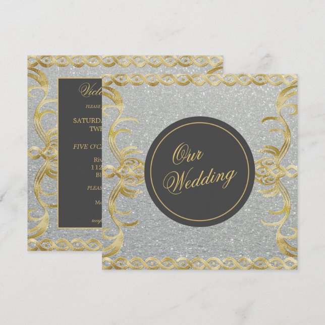 Invitación a la boda dorada y plateada Glam (Anverso / Reverso)