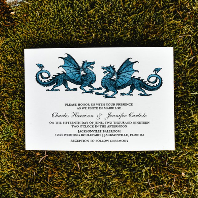 Invitación a la Boda Dragónica Azul Elegante (Blue Elegant Dragons Wedding Invite)