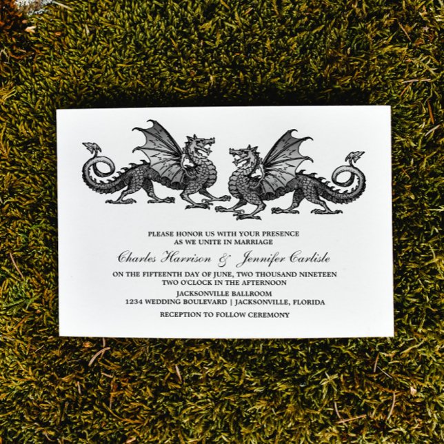 Invitación a la Boda Dragónica Elegante de Plata (Silver Elegant Dragons Wedding Invite)