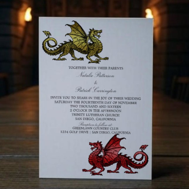 Invitación a la Boda Dragónica Medieval Roja Oro (Gold Red Medieval Dragon Wedding Invite)
