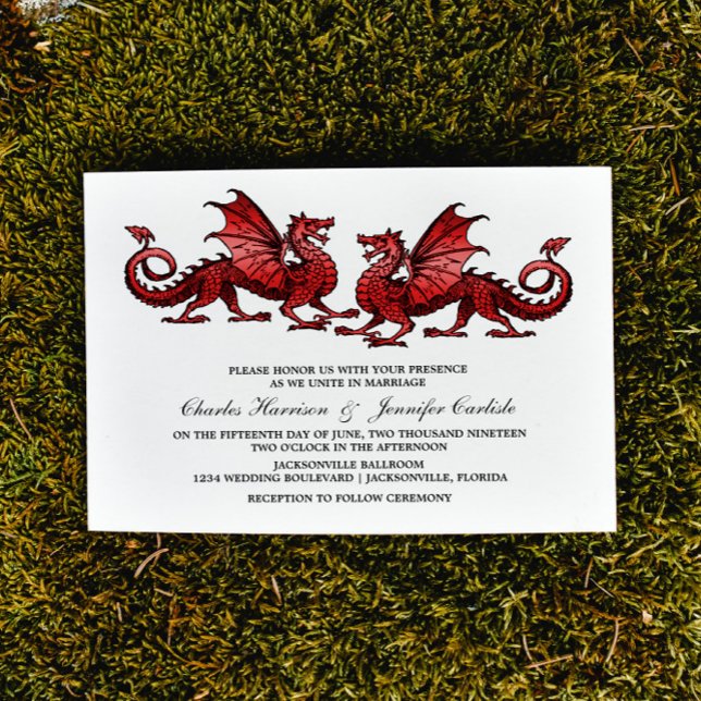 Invitación a la Boda Dragónica Red Elegant (Red Elegant Dragons Wedding Invite)