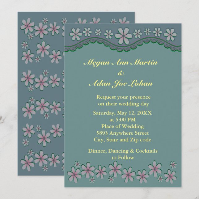 Invitación a la boda dura de seis Petales verdes (Anverso / Reverso)