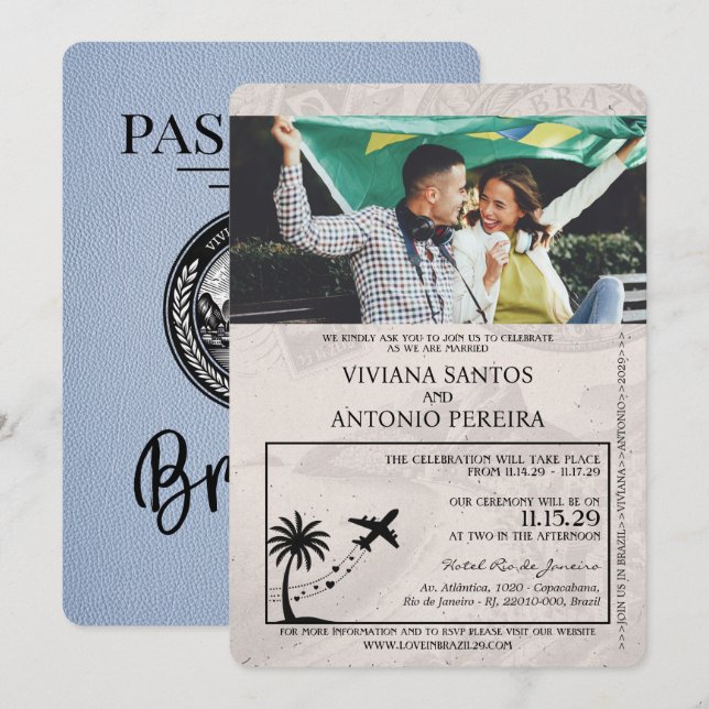 Invitación a la boda Dusty Blue Brazil Passport (Anverso / Reverso)