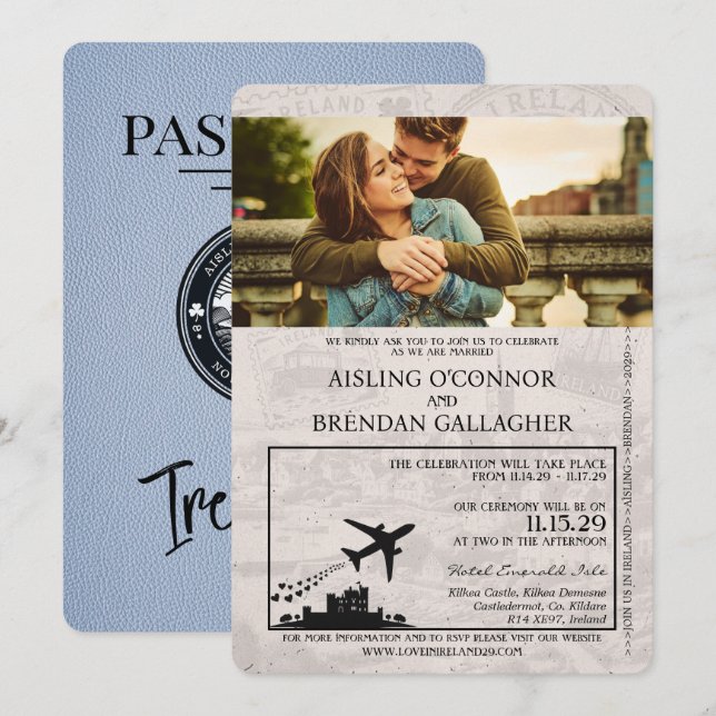 Invitación a la boda Dusty Blue Ireland Passport (Anverso / Reverso)