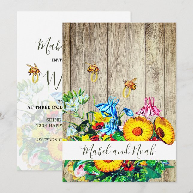 Invitación a la Boda Ecológica Rustica de Abejas F (Anverso / Reverso)