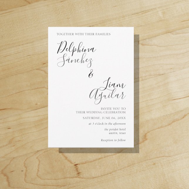 Invitación a la boda económica moderna en negro y  ("Everyday is abundantly beautiful." 
Sincerely Best Wishes from Lucky Design World)