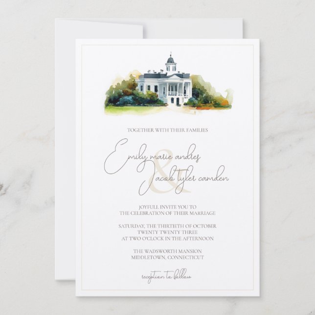 Invitación a la boda - Edificio histórico en acuar (Anverso)