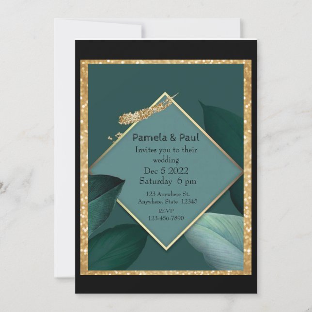 Invitación a la boda editable Verde esmeralda y or (Anverso)
