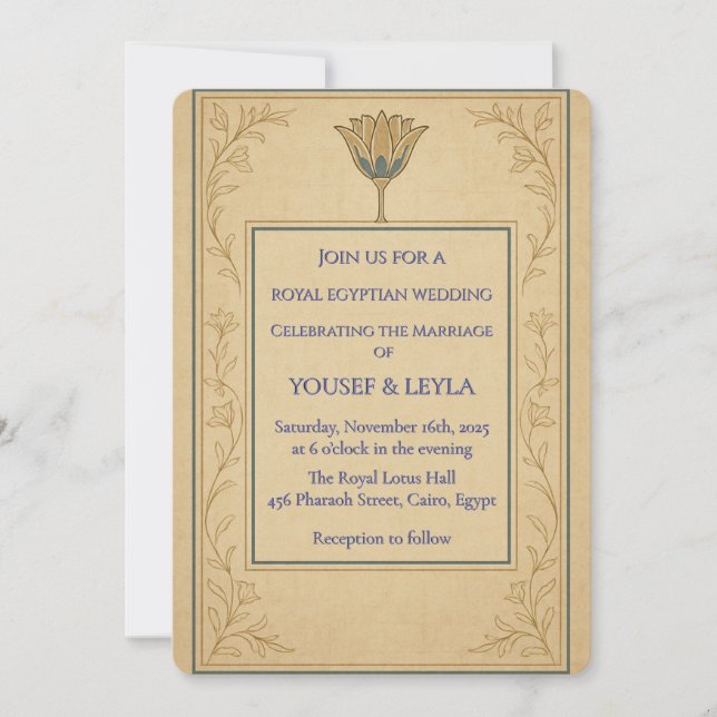 Invitación a la boda egipcia real Lotus Gold (Anverso)