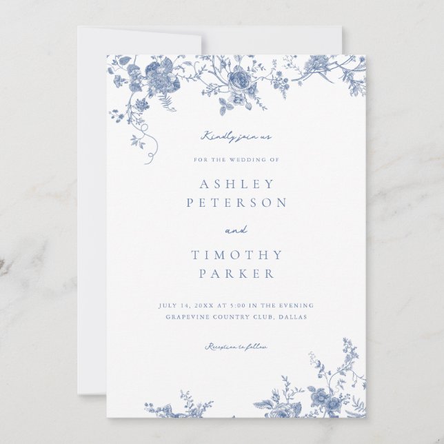 Invitación a la Boda Elegante Azul Chinoiserie (Anverso)