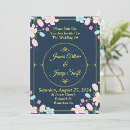 Invitación a la boda elegante, azul, dorado, rosa