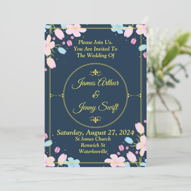 Invitación a la boda elegante, azul, dorado, rosa (Anverso de pie)