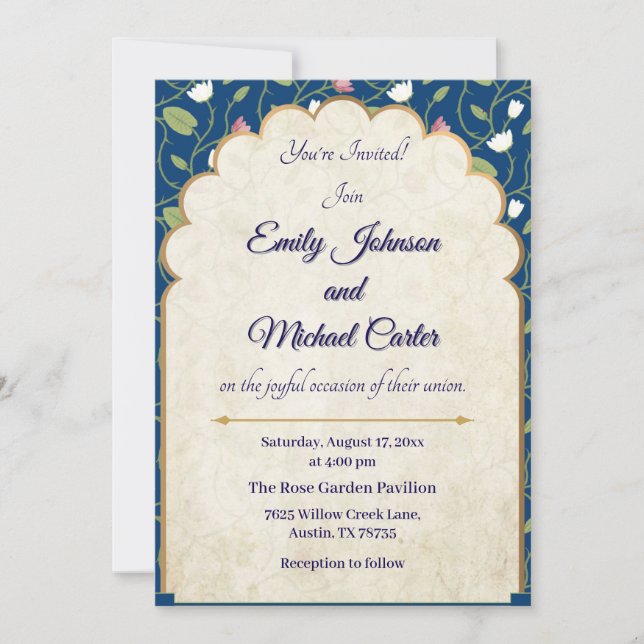 Invitación a la boda elegante | Azul marino y oro (Anverso)