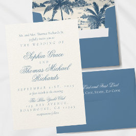 Invitación a la boda elegante azul y blanco
