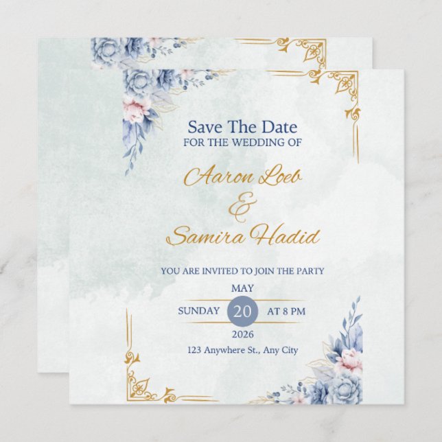 Invitación a la boda elegante azul y dorada (Anverso / Reverso)