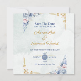Invitación a la boda elegante azul y dorada