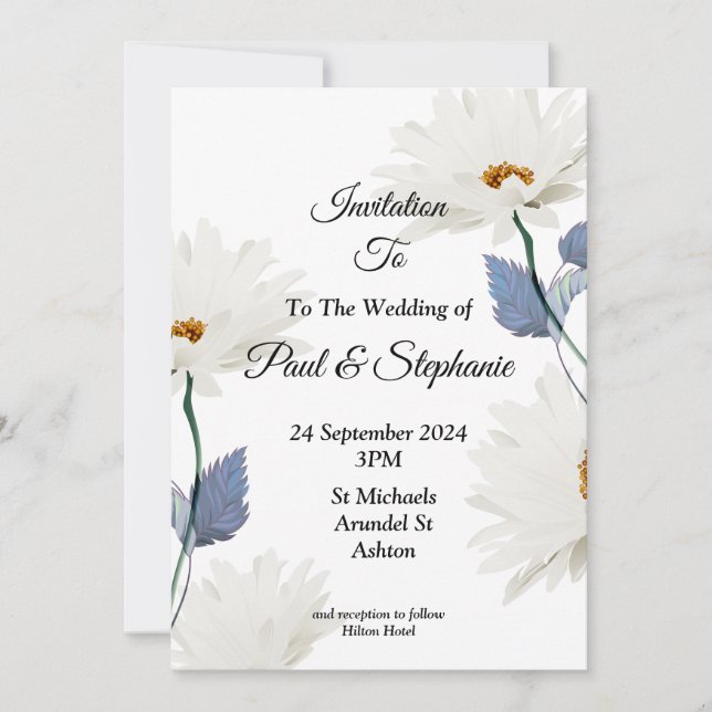 Invitación a la boda elegante, blanca y azul (Anverso)