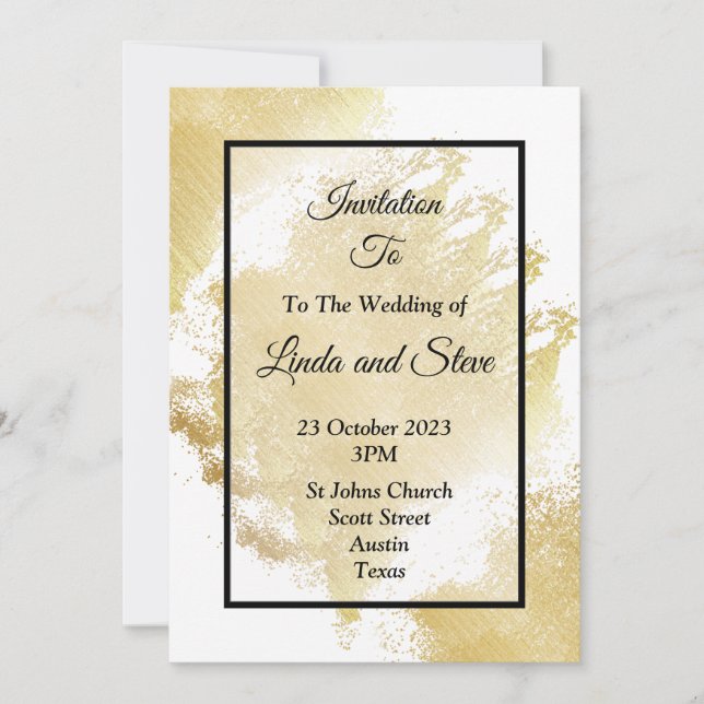 Invitación a la boda elegante, blanca y dorada (Anverso)