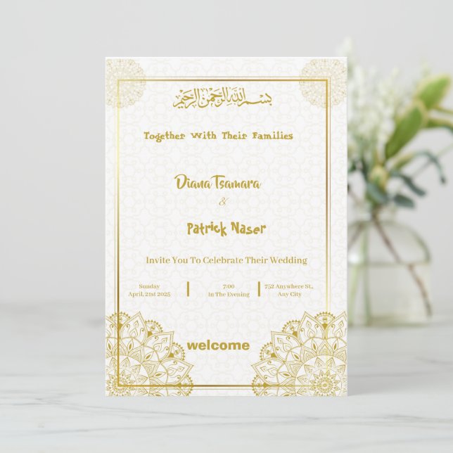 Invitación a la boda elegante blanca y dorada (Anverso de pie)