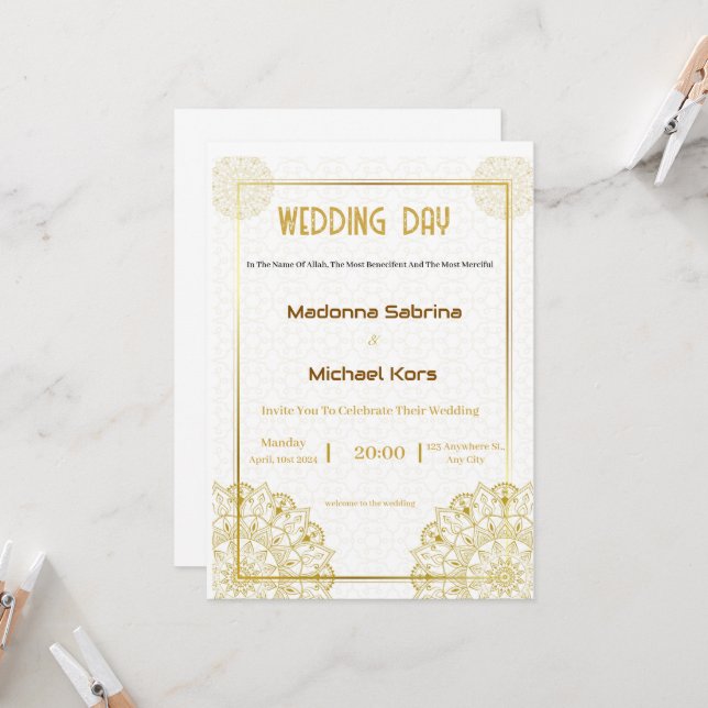 Invitación a la boda elegante blanca y dorada (Anverso/Reverso In Situ)