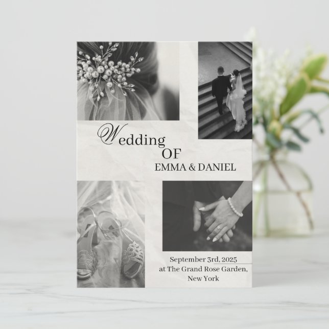 Invitación a la boda elegante - Blanco y negro (Anverso de pie)