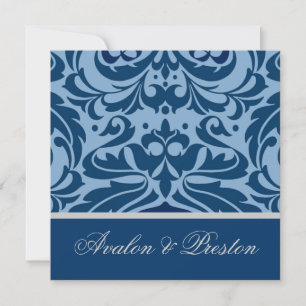 Invitación a la boda elegante Blue & Silver Damask