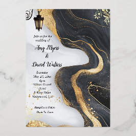 Invitación a la boda elegante de color negro y oro