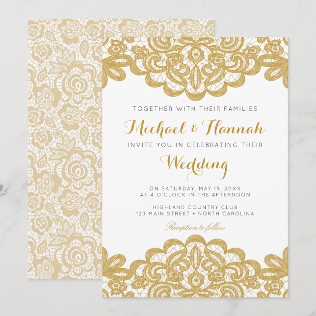 Invitación a la boda elegante de encaje dorado (Anverso / Reverso)