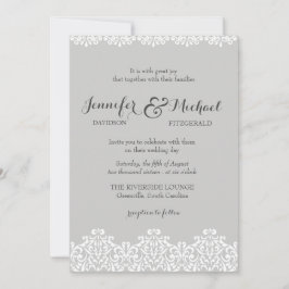 Invitación a la boda elegante de encaje gris y bla
