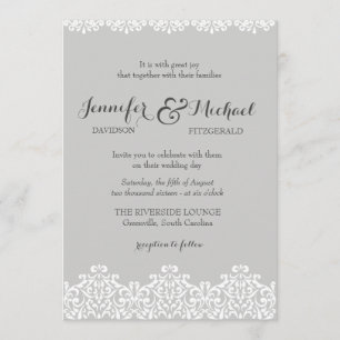 Invitación a la boda elegante de encaje gris y bla