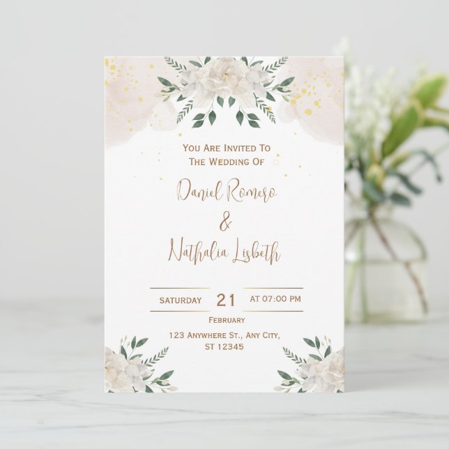 Invitación a la Boda Elegante de Floral Blanca (Anverso de pie)