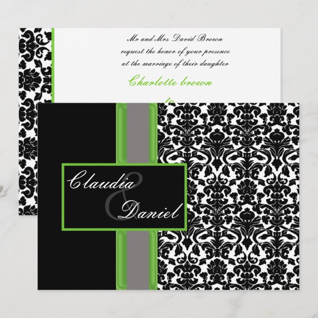 invitación a la boda elegante de lime damask (Anverso / Reverso)