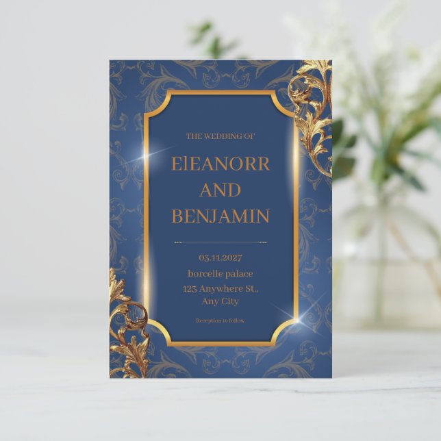 Invitación a la Boda Elegante de Oro Azul (Anverso de pie)
