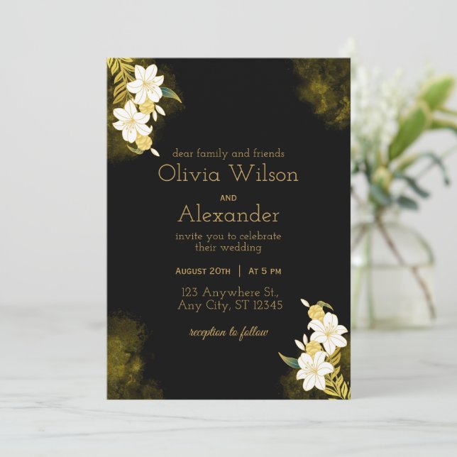 Invitación a la boda elegante de oro negro (Anverso de pie)