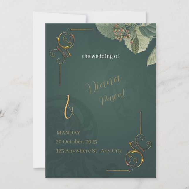Invitación a la boda elegante de oro verde oscuro (Anverso)