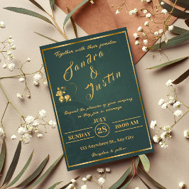 Invitación a la boda elegante de oro verde oscuro