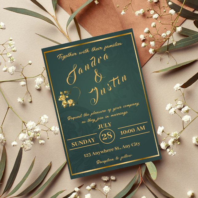 Invitación a la boda elegante de oro verde oscuro (Subido por el creador)