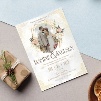 Invitación a la boda elegante de oro y flores