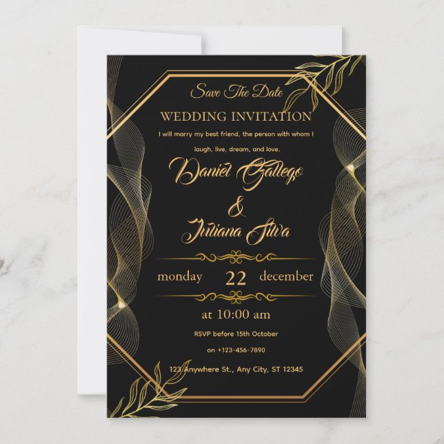 Invitación a la boda elegante de oro y negro (Anverso)