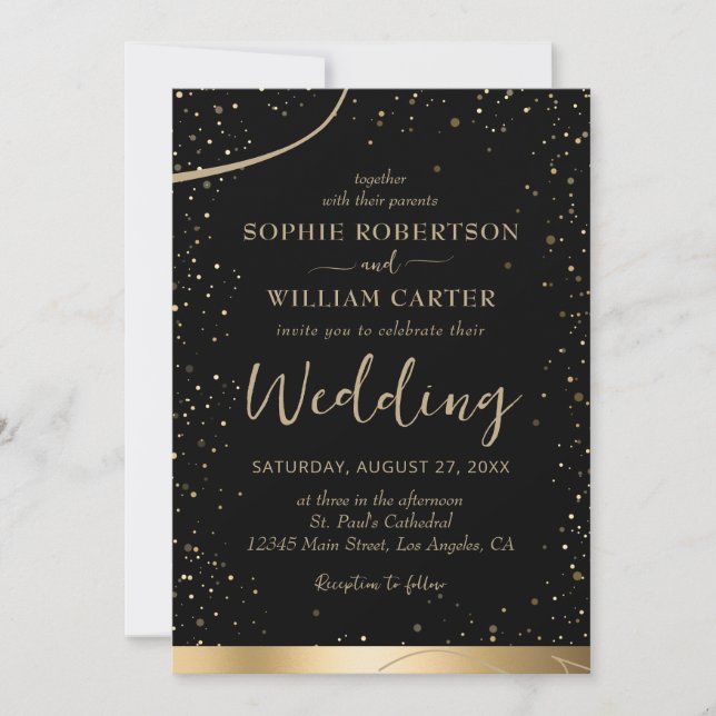 Invitación a la boda elegante de oro y negro (Anverso)