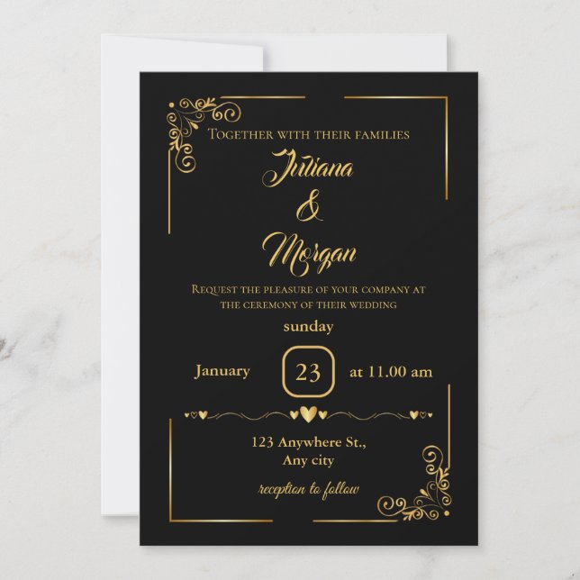 Invitación a la boda elegante de oro y negro (Anverso)