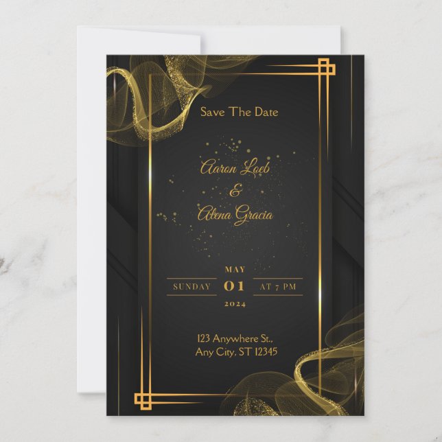 Invitación a la boda elegante de oro y negro (Anverso)