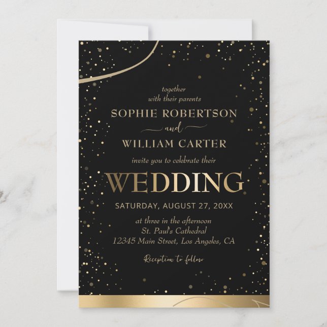 Invitación a la boda elegante de oro y negro (Anverso)