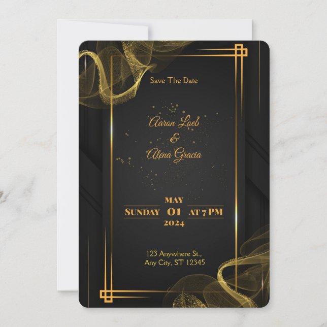 Invitación a la boda elegante de oro y negro (Anverso)