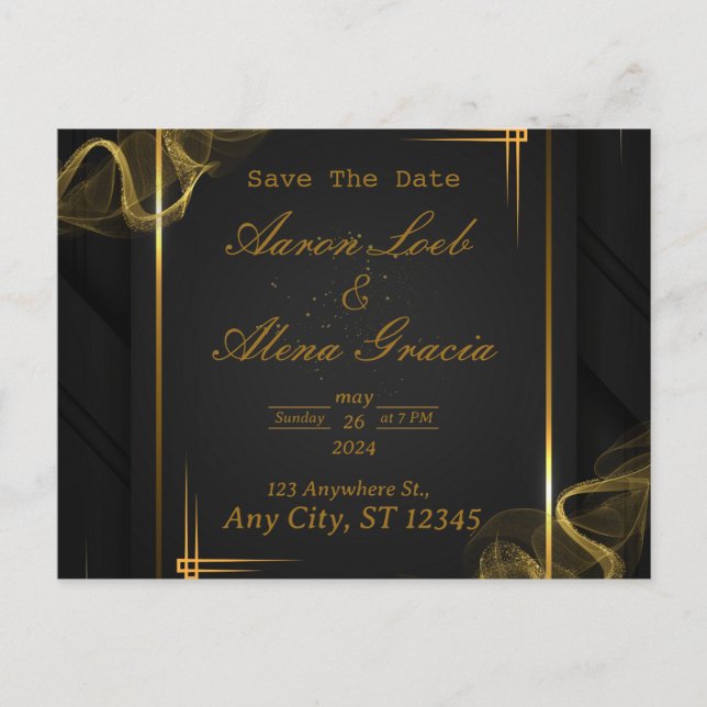 Invitación a la boda elegante de oro y negro (Anverso)