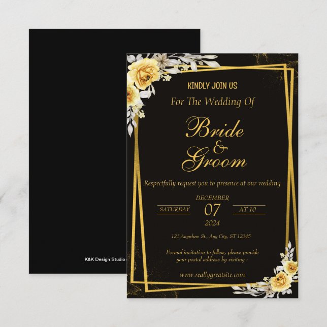 Invitación a la boda elegante de oro y negro (Anverso / Reverso)