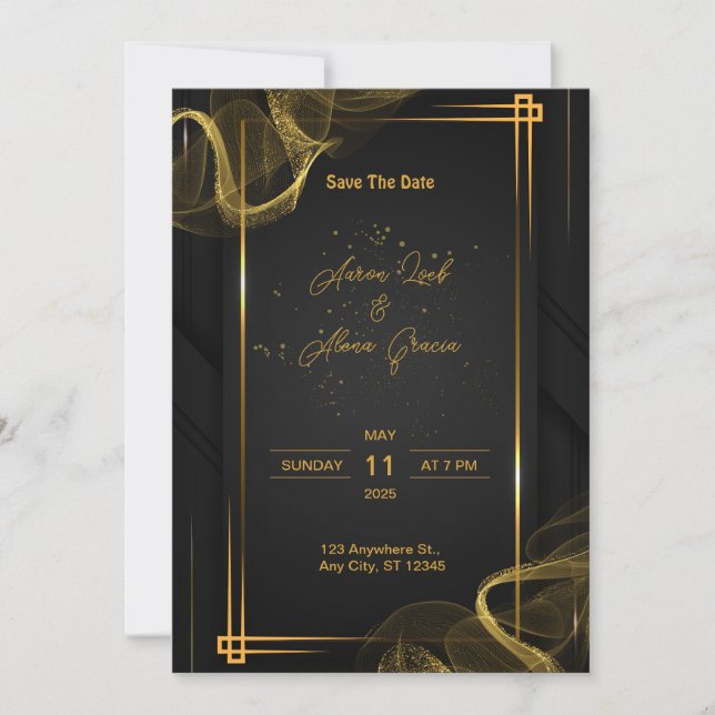 Invitación a la boda elegante de oro y negro (Anverso)