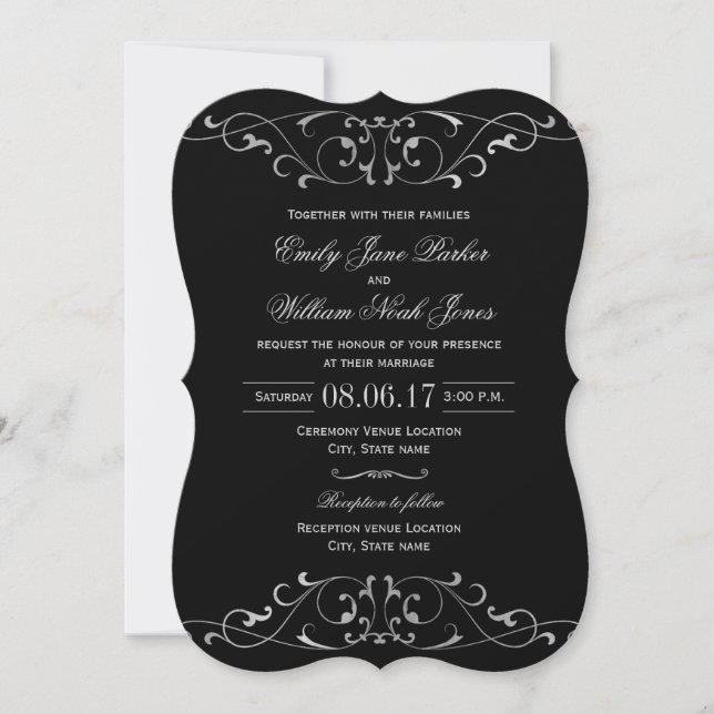 Invitación a la boda elegante de plata negra (Anverso)