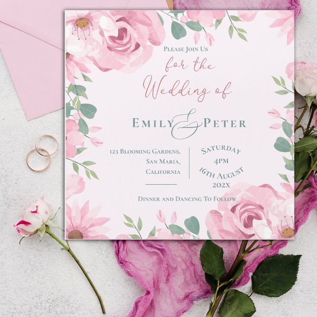 Invitación a la boda elegante de Rubor Pink Floral (Blush Pink Florals Elegant Wedding Invitation)