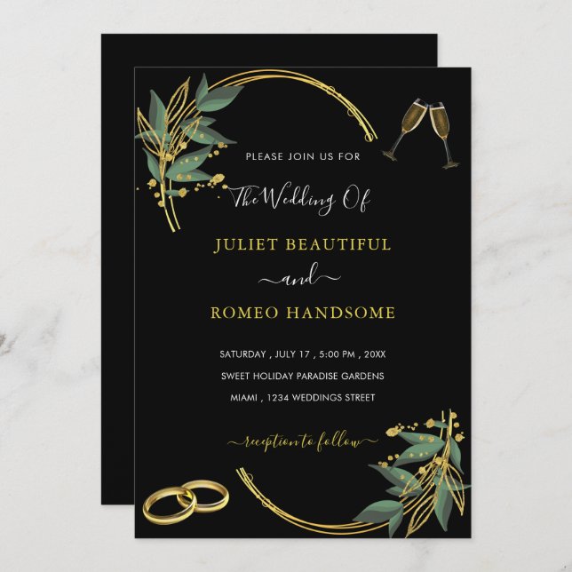 Invitación a la boda - Elegante diseño de oro negr (Anverso / Reverso)